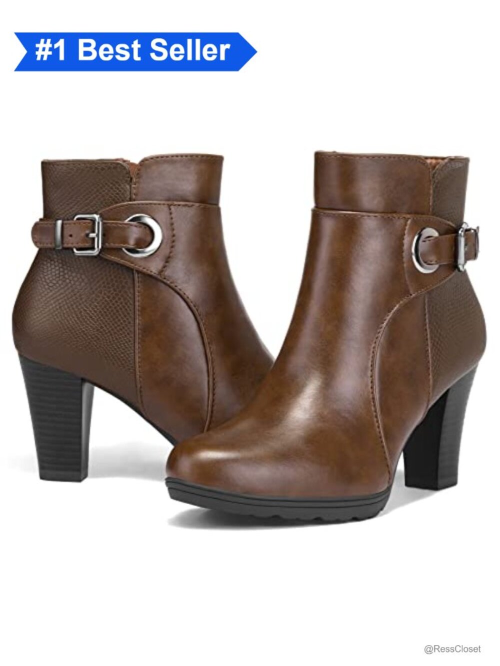 Women's Chunky Stacked Heel Ankle Boots Side Zip Buckle Booties
